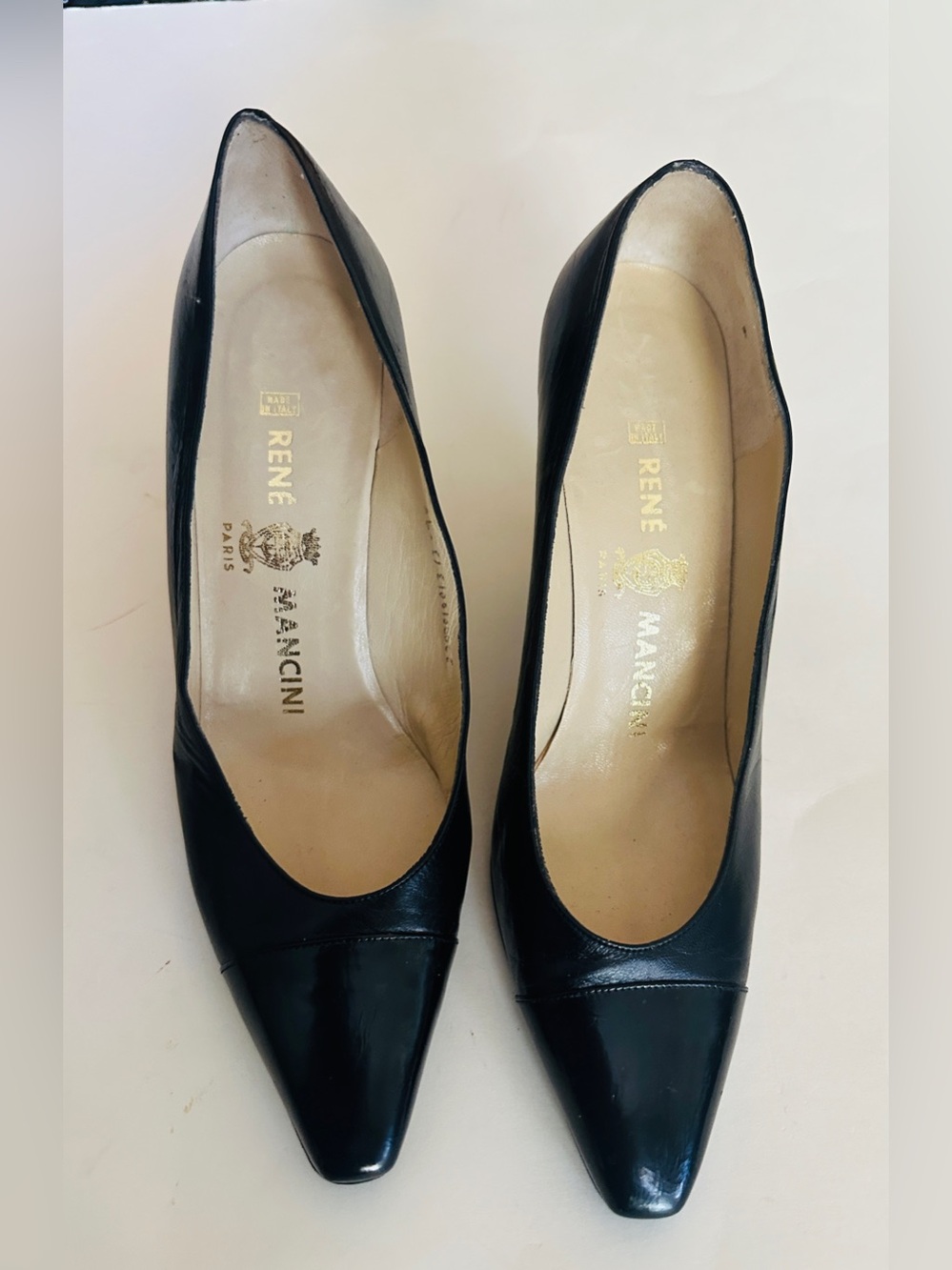 Rene Mancini Paris Black Leather Heels Slip On Pointed Toe  Size 37 EU 6.5 US